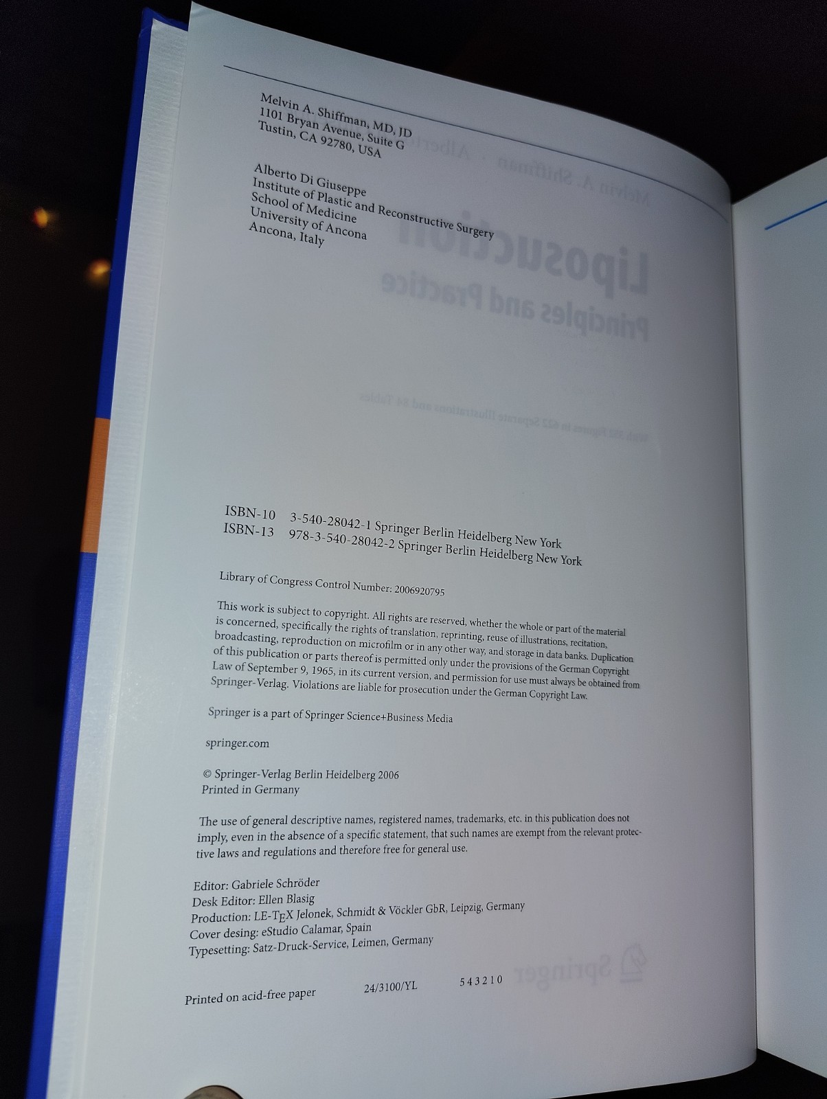 Liposuction Principles And Practice By Shiffman, Alberto Di Giuseppe Signed