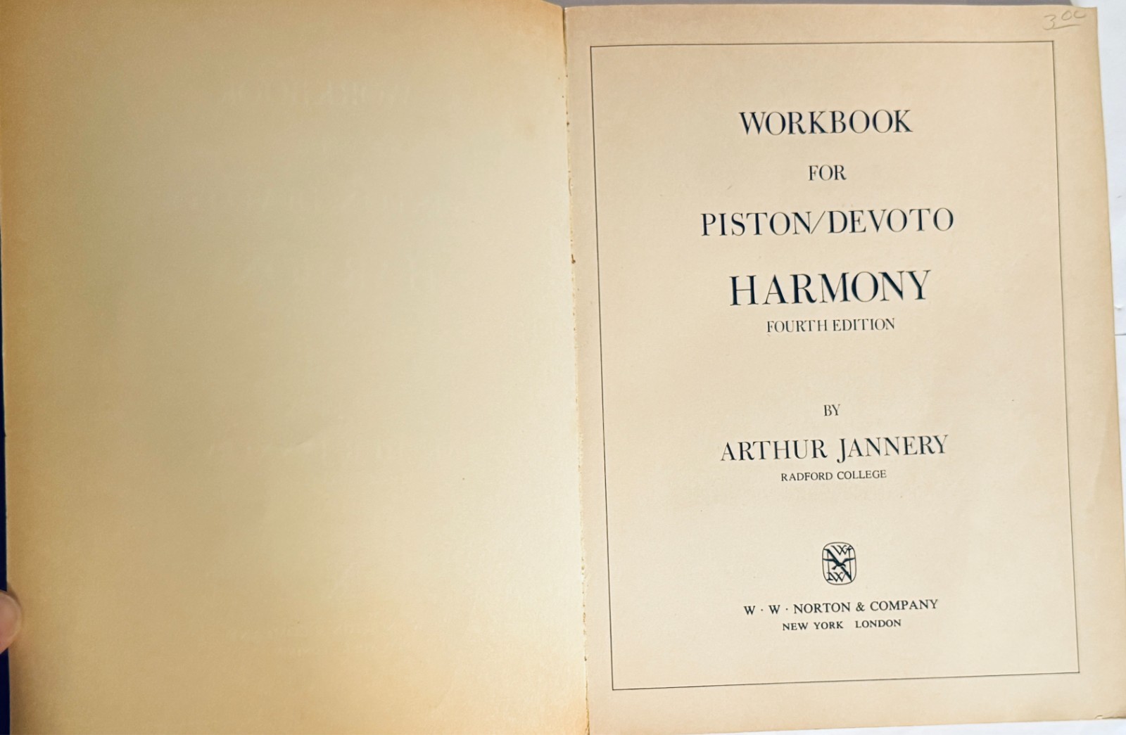Workbook for Piston DeVoto Harmony Fourth Edition