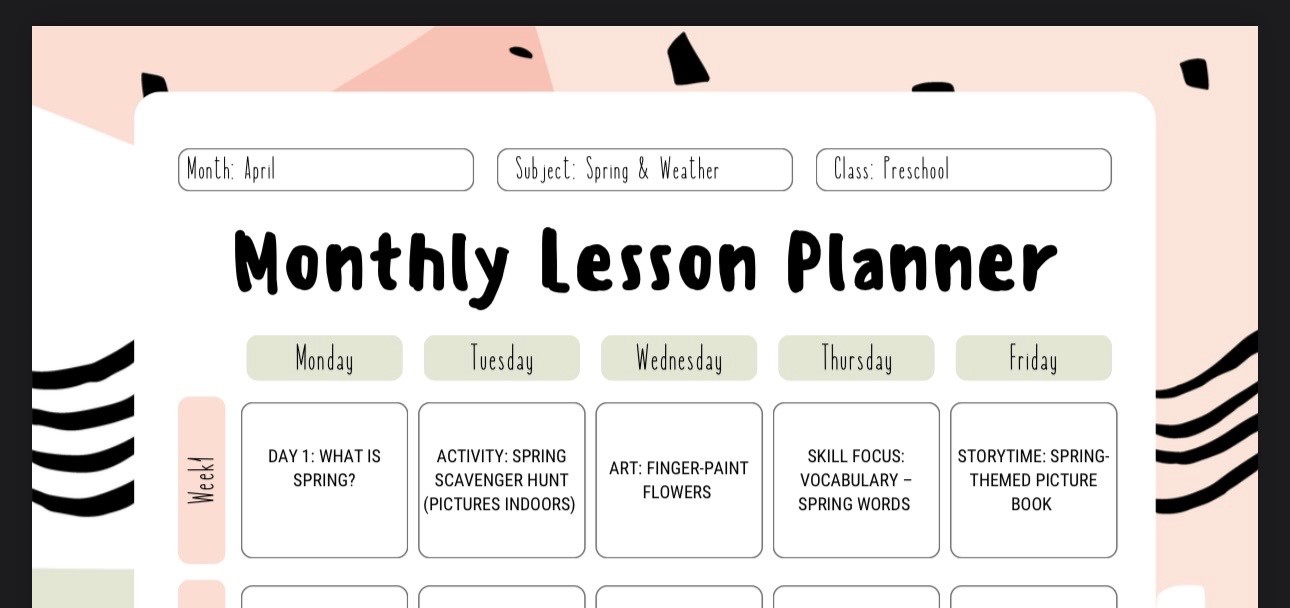 digital download preschool lesson plan for April only