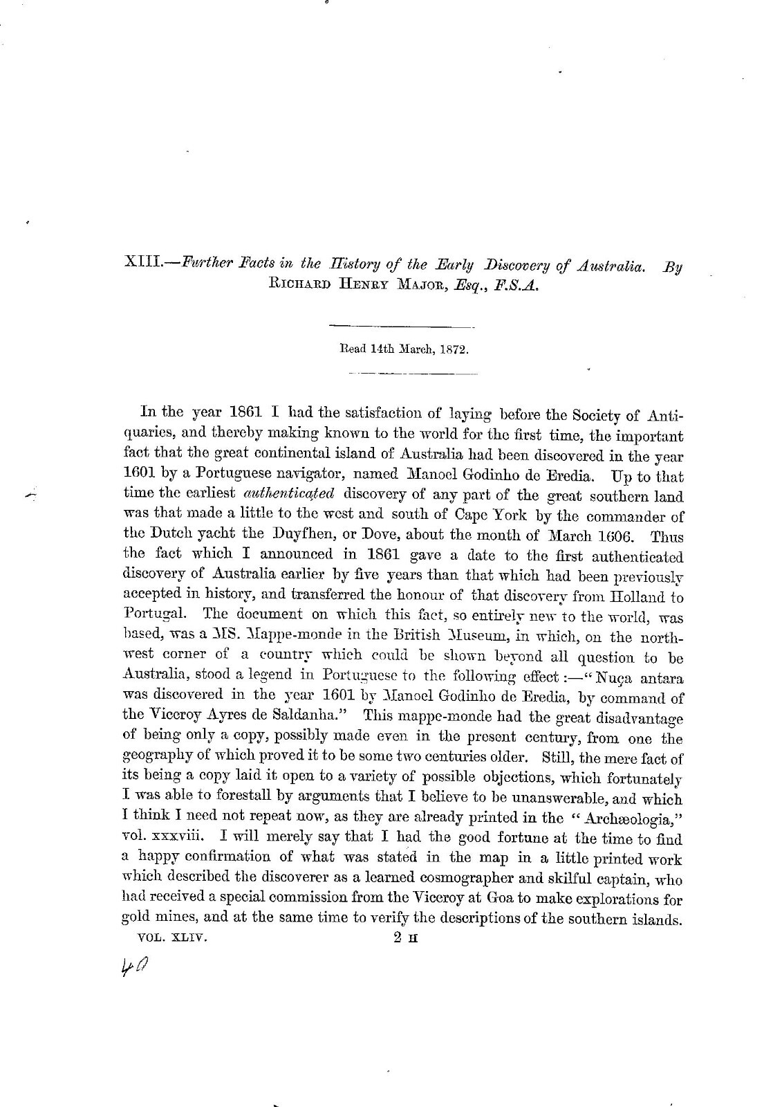 Further Facts in the history of the Early Discovery of Austraila by R Major 1873