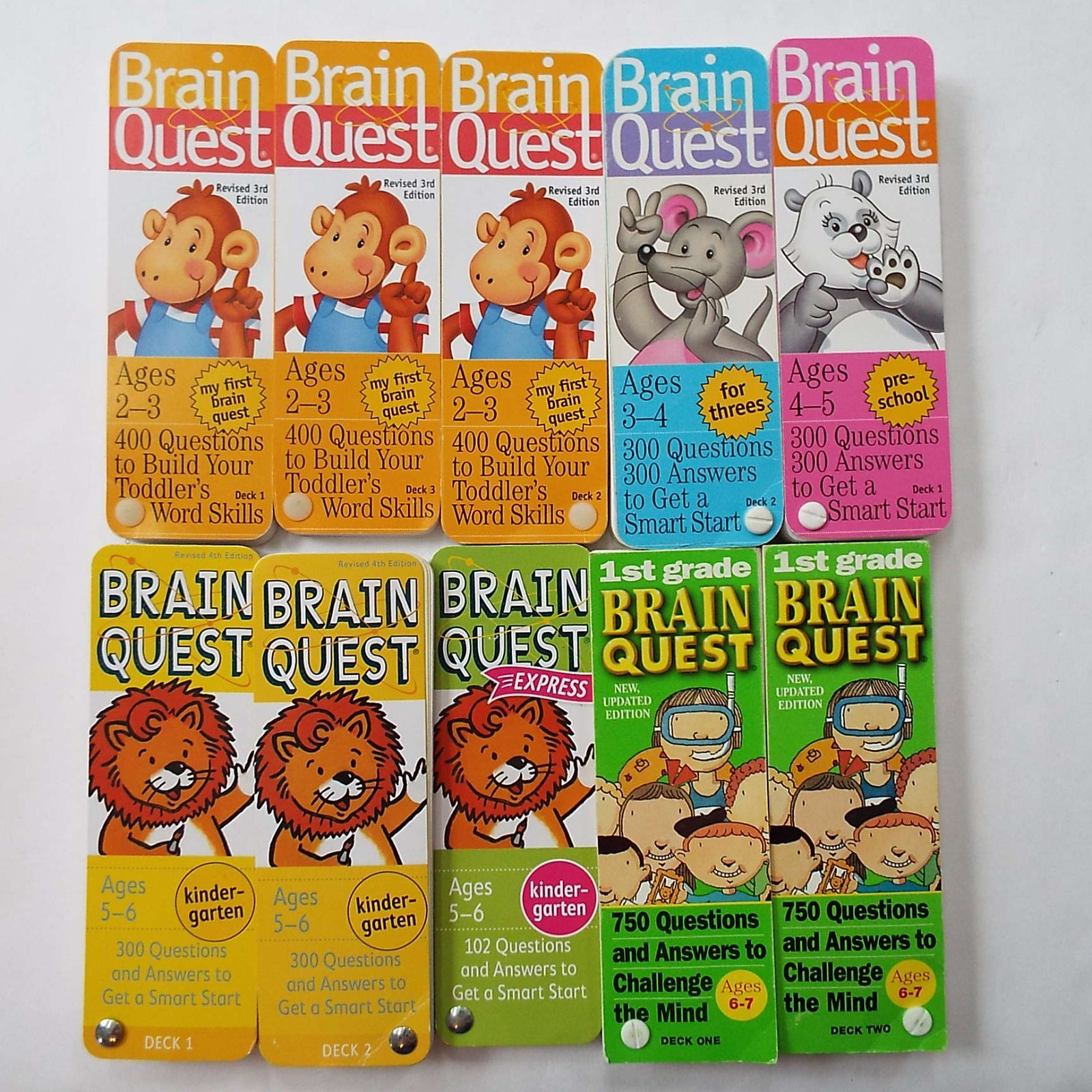 Lot 10 Brain Quest Decks Flashcards Ages 2-3, 4-5, Kindergarten, 1st Grade Pre-K