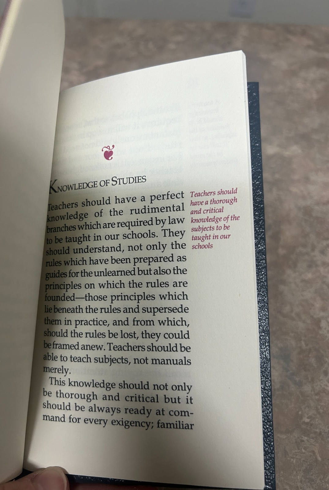 On the Art of Teaching by Horace Mann, leather book with gold writing, HB