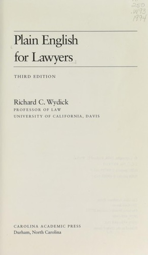 Plain English for Lawyers Paperback Richard C. Wydick