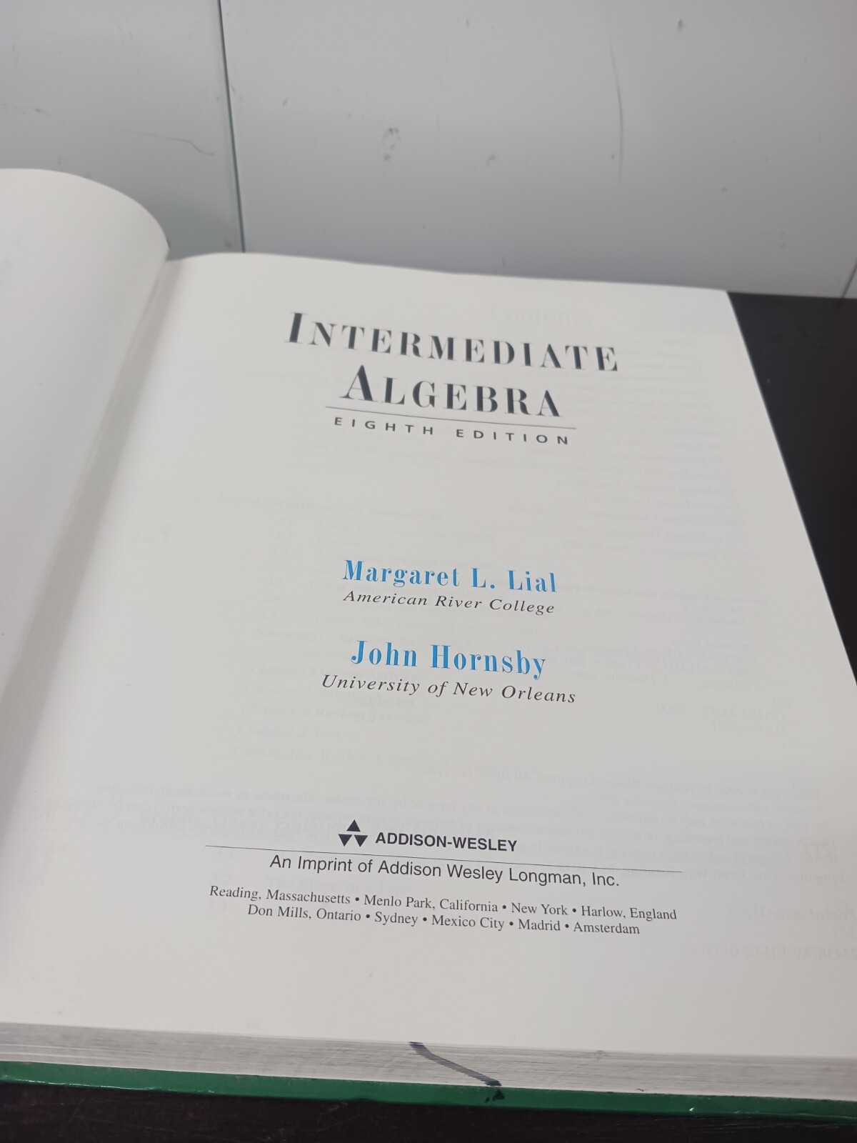 INTERMEDIATE ALGEBRA 8th Edition Hardcover, Lial-Hornsby copyright 2000