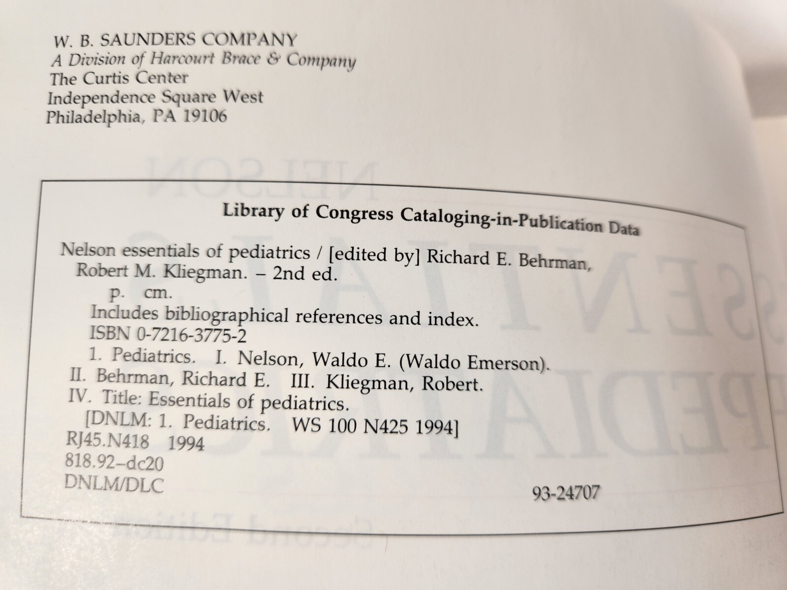 Nelson Essentials of Pediatrics Second Edition Softcover 1994 Fast Ship