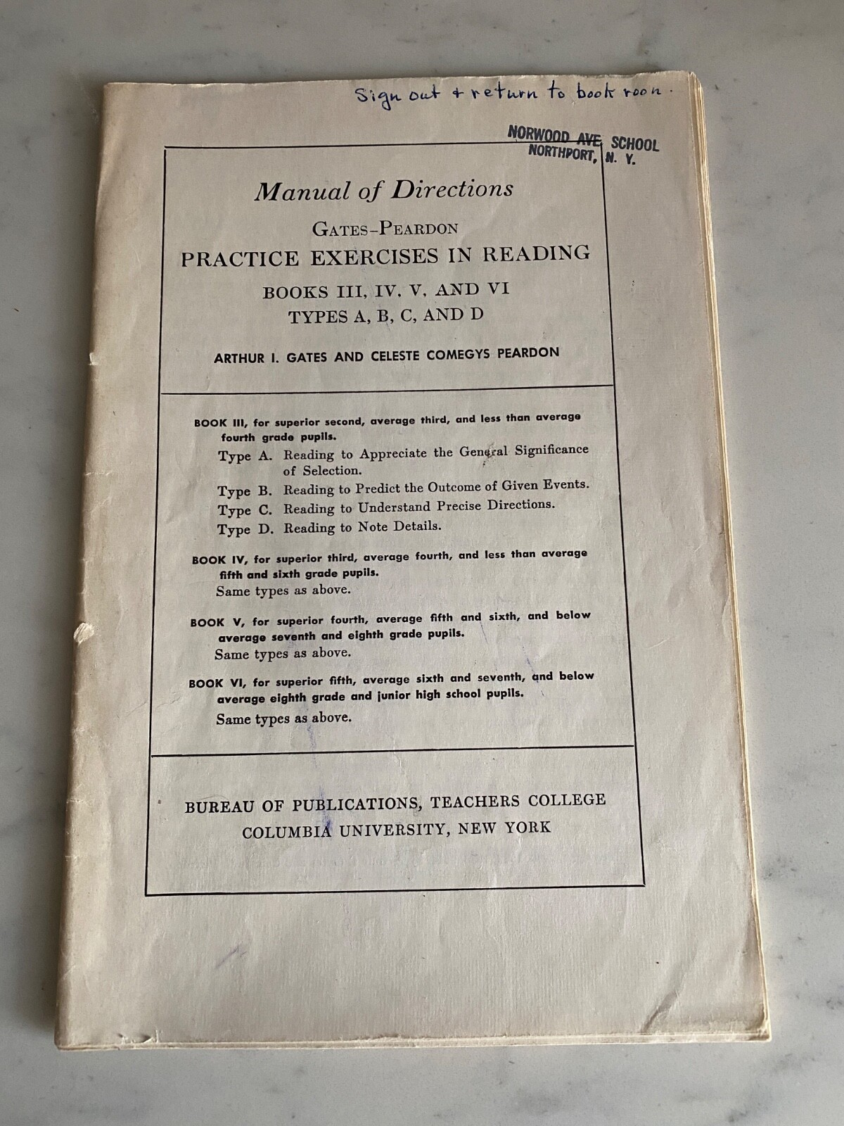Vintage 1944 Manual of Directions Practice Exercises In Reading Teachers College