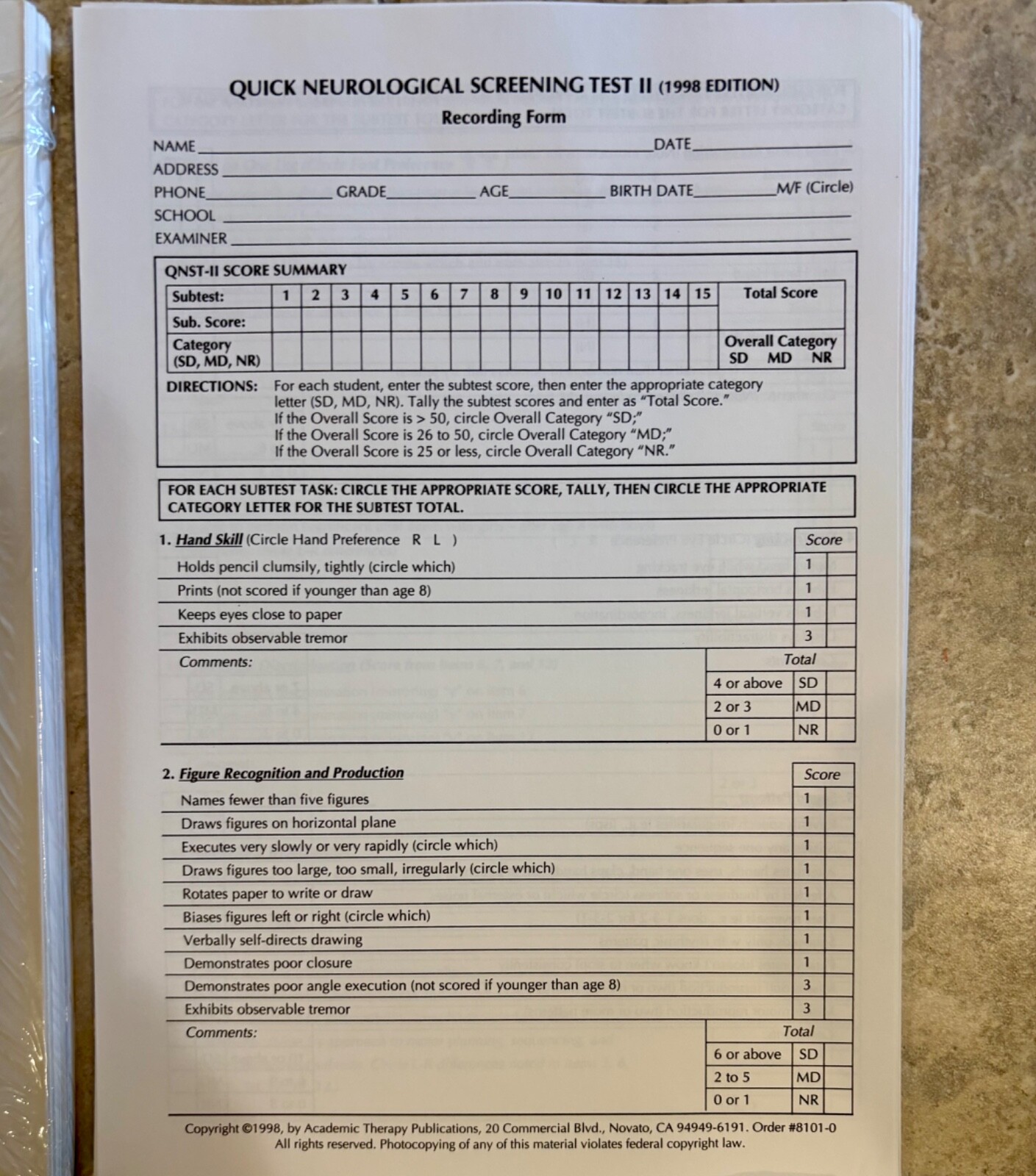 1979 ATP — Quick Neurological Screening Test QNST — Manual, Cue Cards, Score