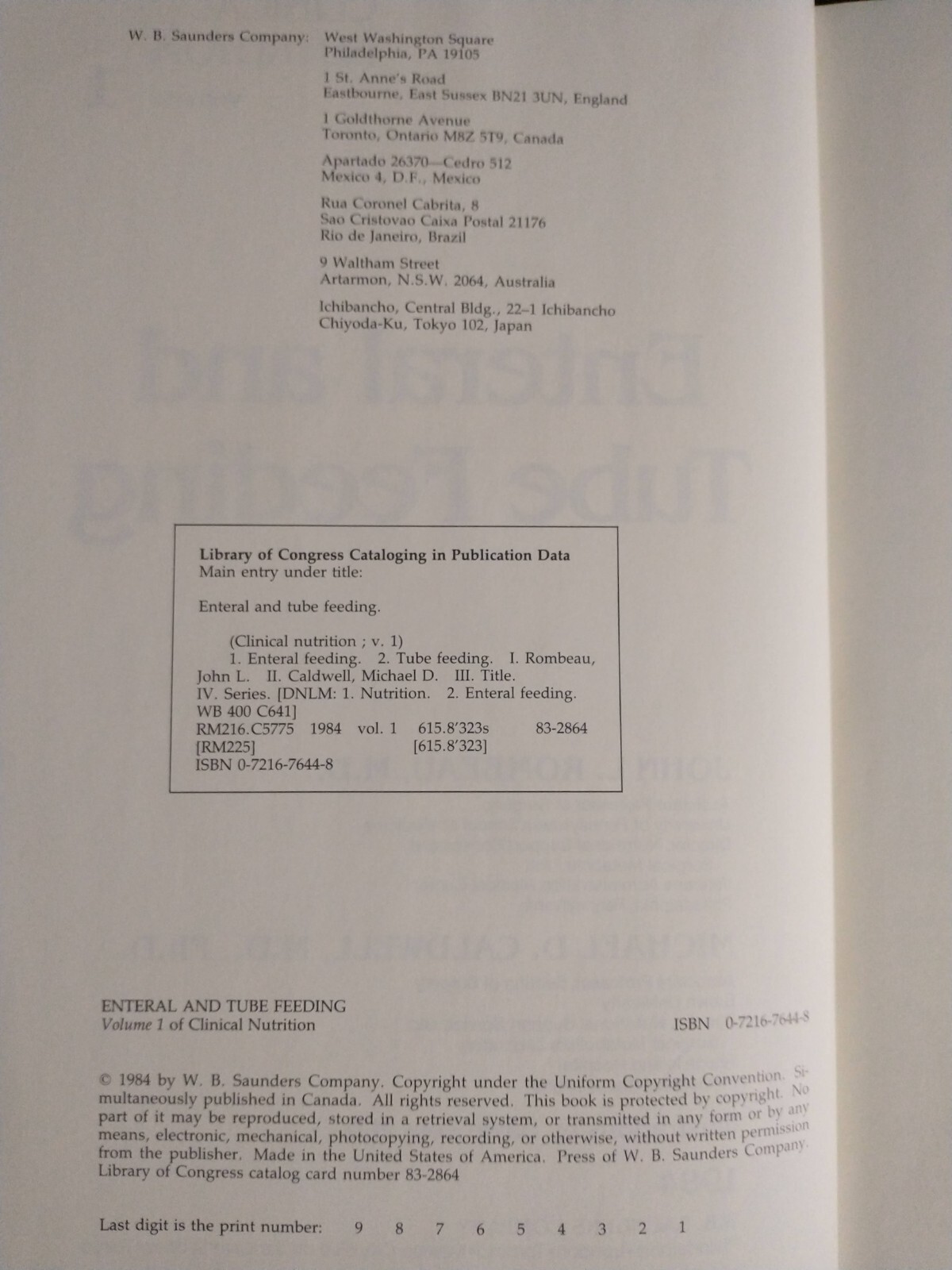 Enteral and Tube Feeding by Rombeau & Caldwell, 1984, hc, 628 pages, very good