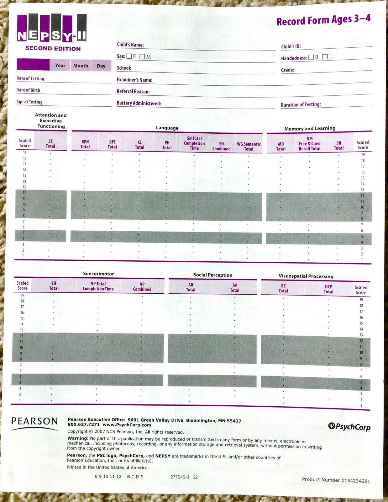 NEPSY-II Neuropsychological Test for Children Record Form (Ages 3-4 Years)