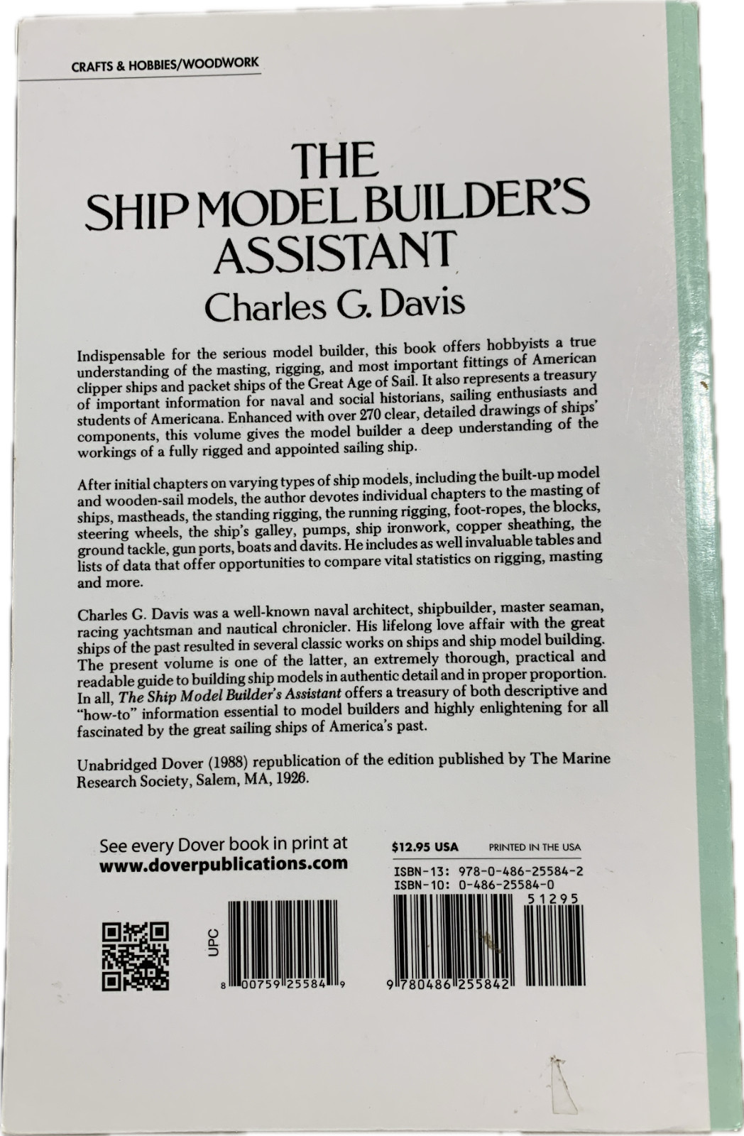 Ship Model Builder’s Assistant by Davis, Charles G. Trade PB. 1988, Dover Pub